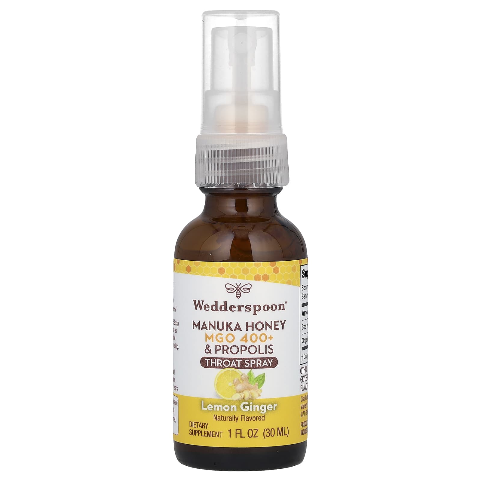 Wedderspoon, Manuka Honey & Propolis Throat Spray, Lemon Ginger, MGO 400+, 1 fl oz (30 ml) - Image 1
