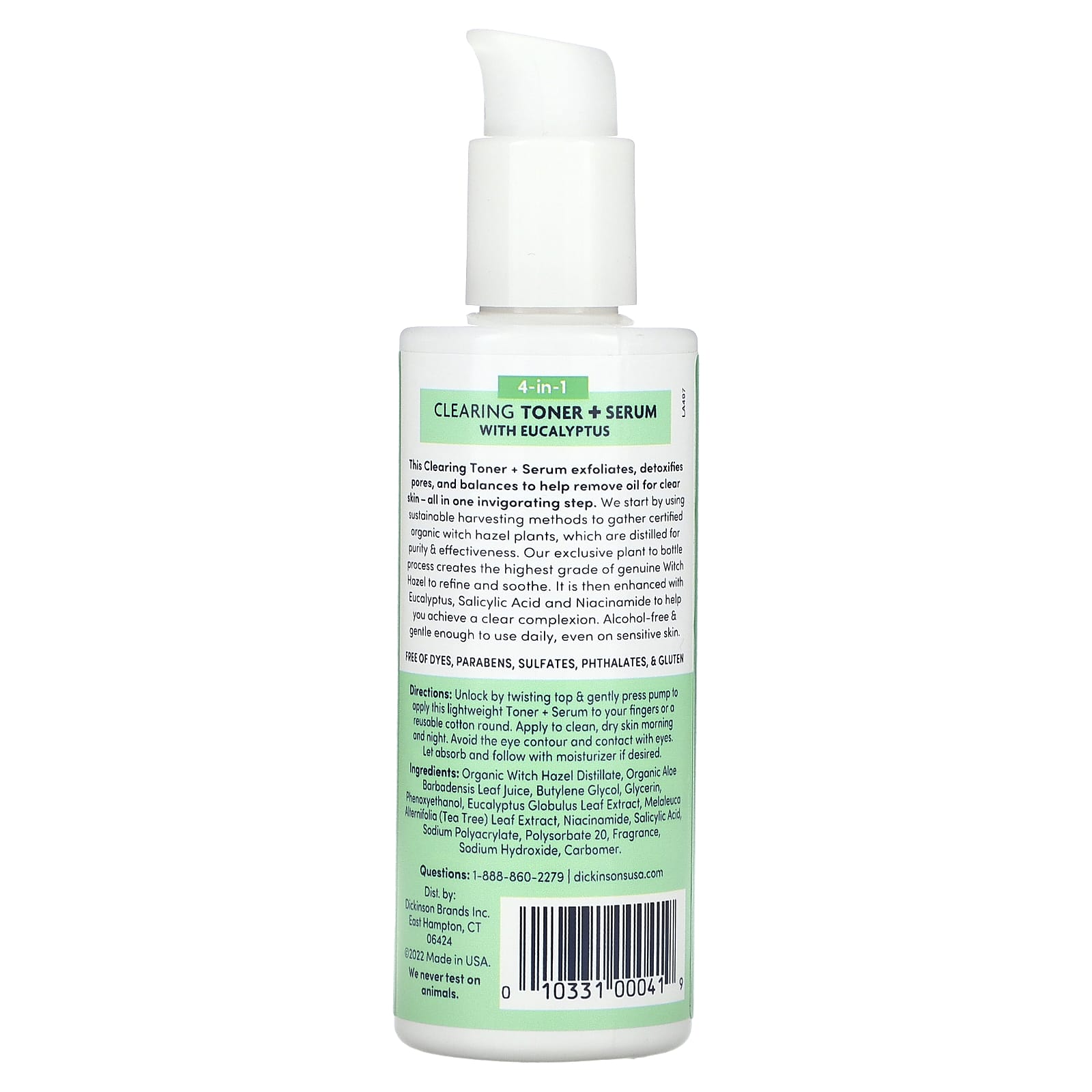 Dickinson Brands, Original Witch Hazel, 4-in-1 Clearing Toner + Serum with Eucalyptus, Alcohol Free, 4 fl oz (118 ml) - Image 2