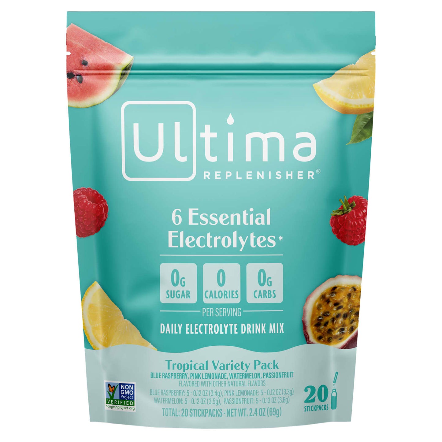 Ultima Replenisher, 6 Essential Electrolytes, Daily Electrolyte Drink Mix, Tropical Variety Pack, 20 Stickpacks, 2.4 oz (69 g) - Image 1