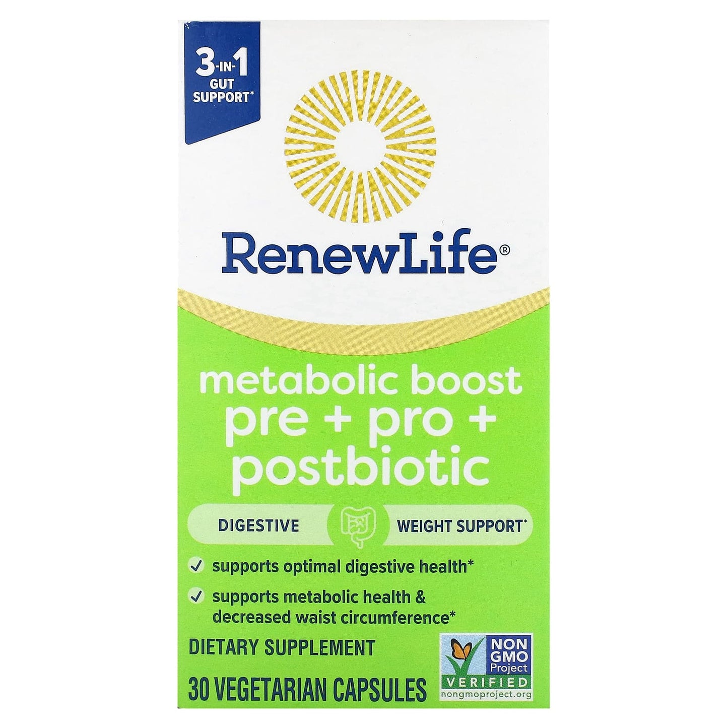 Renew Life, Metabolic Boost, Pre + Pro + Postbiotic, 30 Vegetarian Capsules - Image 1