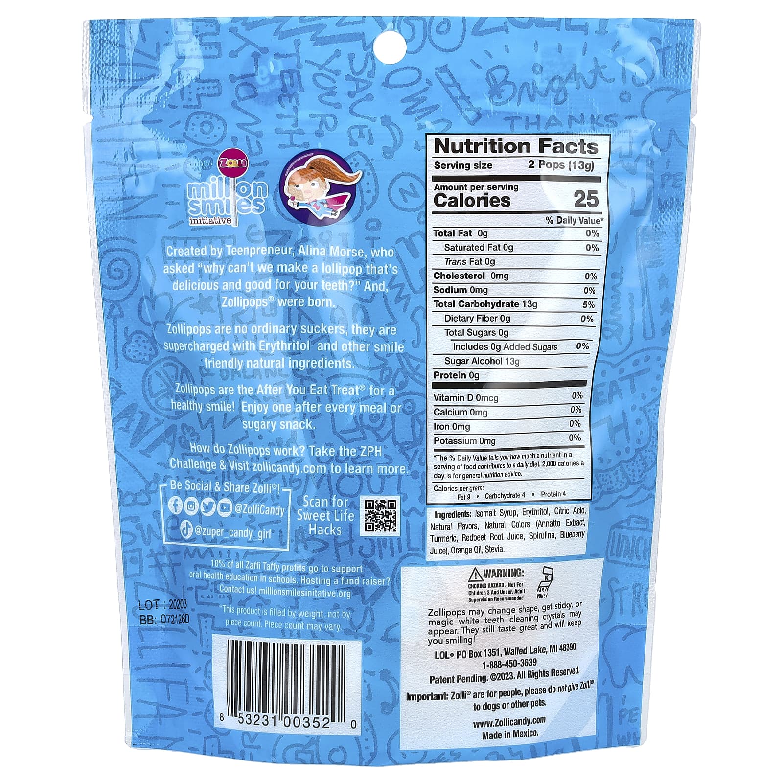 Zollipops, The Clean Teeth Pops, Delicious Fruit Flavors , Approx. 14 Pieces, 3.1 oz (88 g)