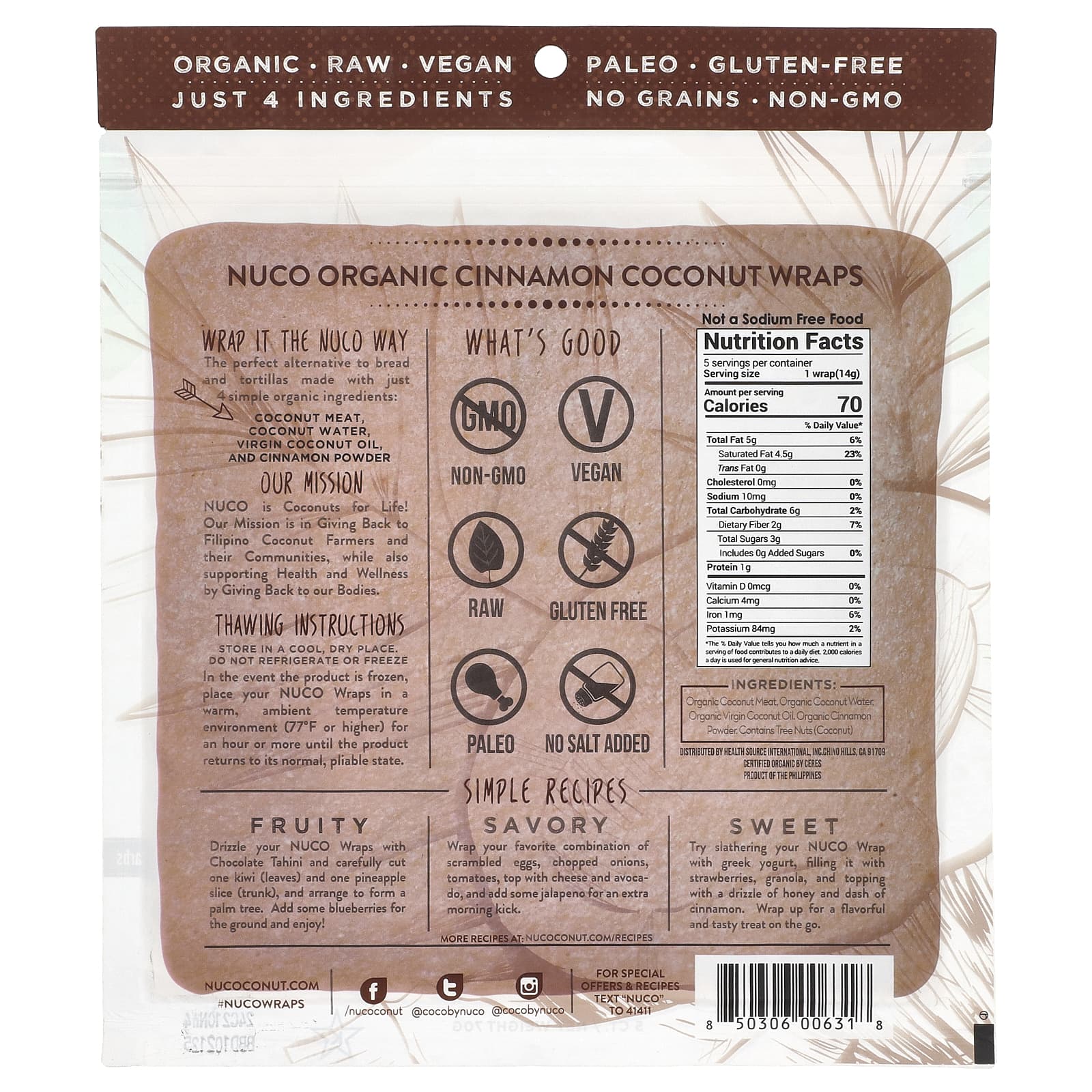 NUCO, Organic Coconut Wraps, Cinnamon, 5 Wraps, 14 g Each - Image 2