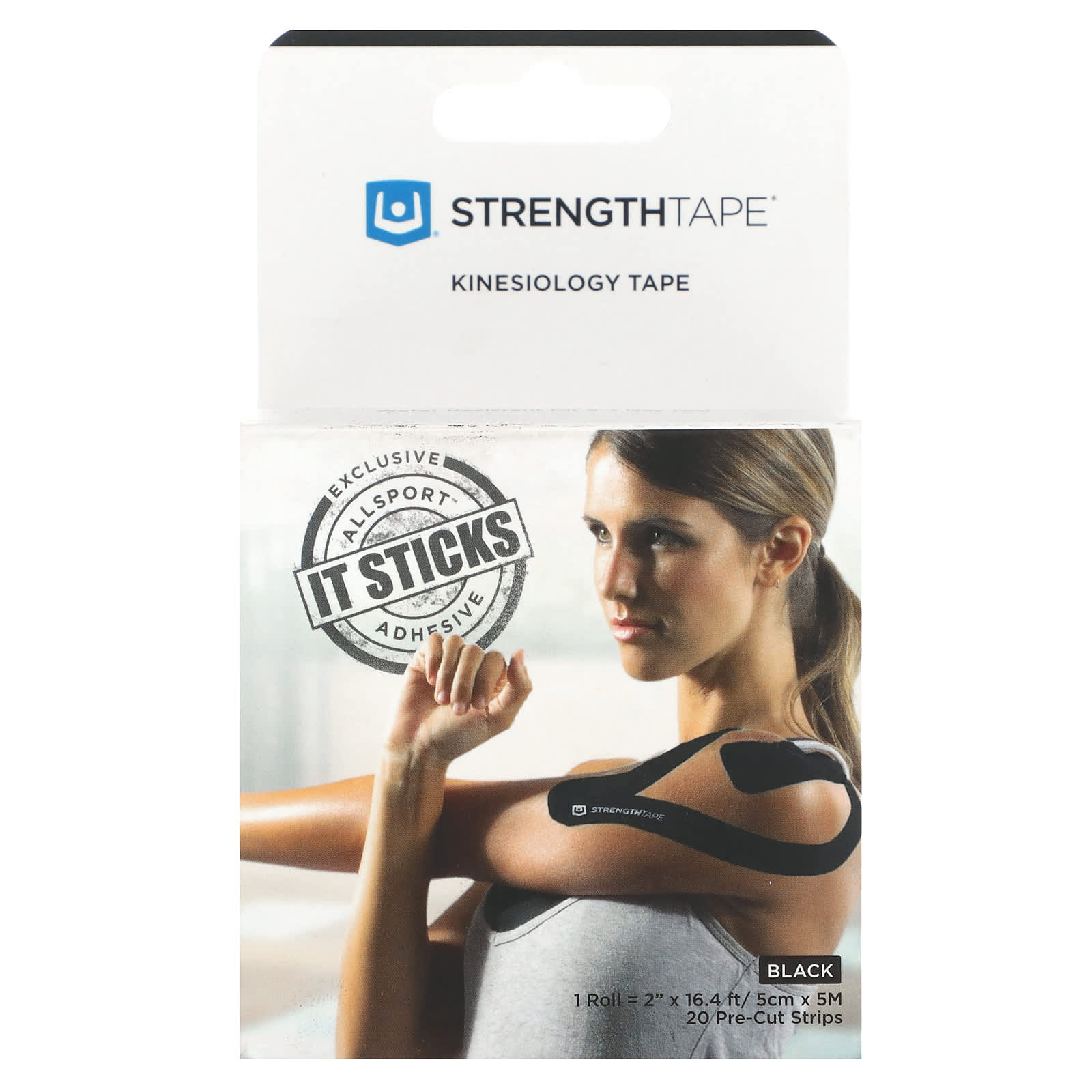 Strengthtape, Kinesiology Tape, Black, 20 Pre-Cut Strips - Image 1