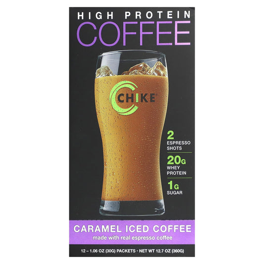Caramel High Protein Iced Coffee, 12 Packets, 30g Each by Chike Nutrition - Image 1