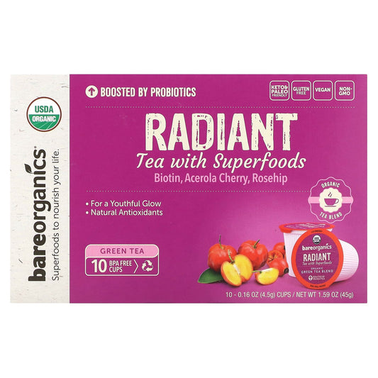 Radiant Green Tea with Superfoods by BareOrganics, USDA Organic, 10 Cups - Image 1