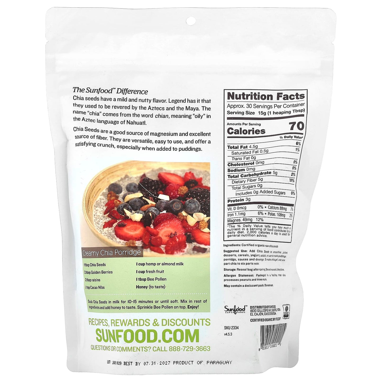 Sunfood, Raw Organic Chia Seeds, 1 lb (454 g) - Image 2