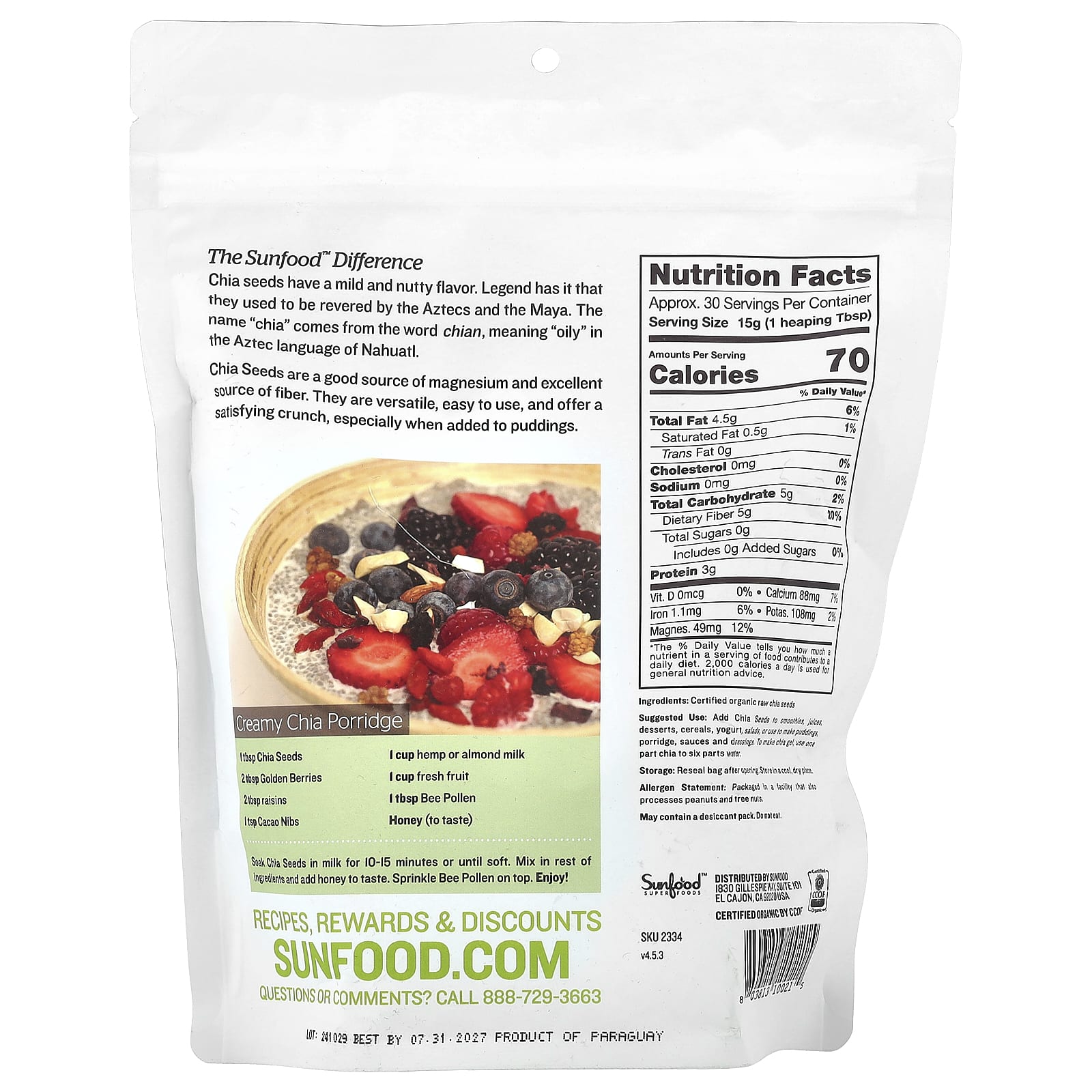 Sunfood, Raw Organic Chia Seeds, 1 lb (454 g) - Image 2