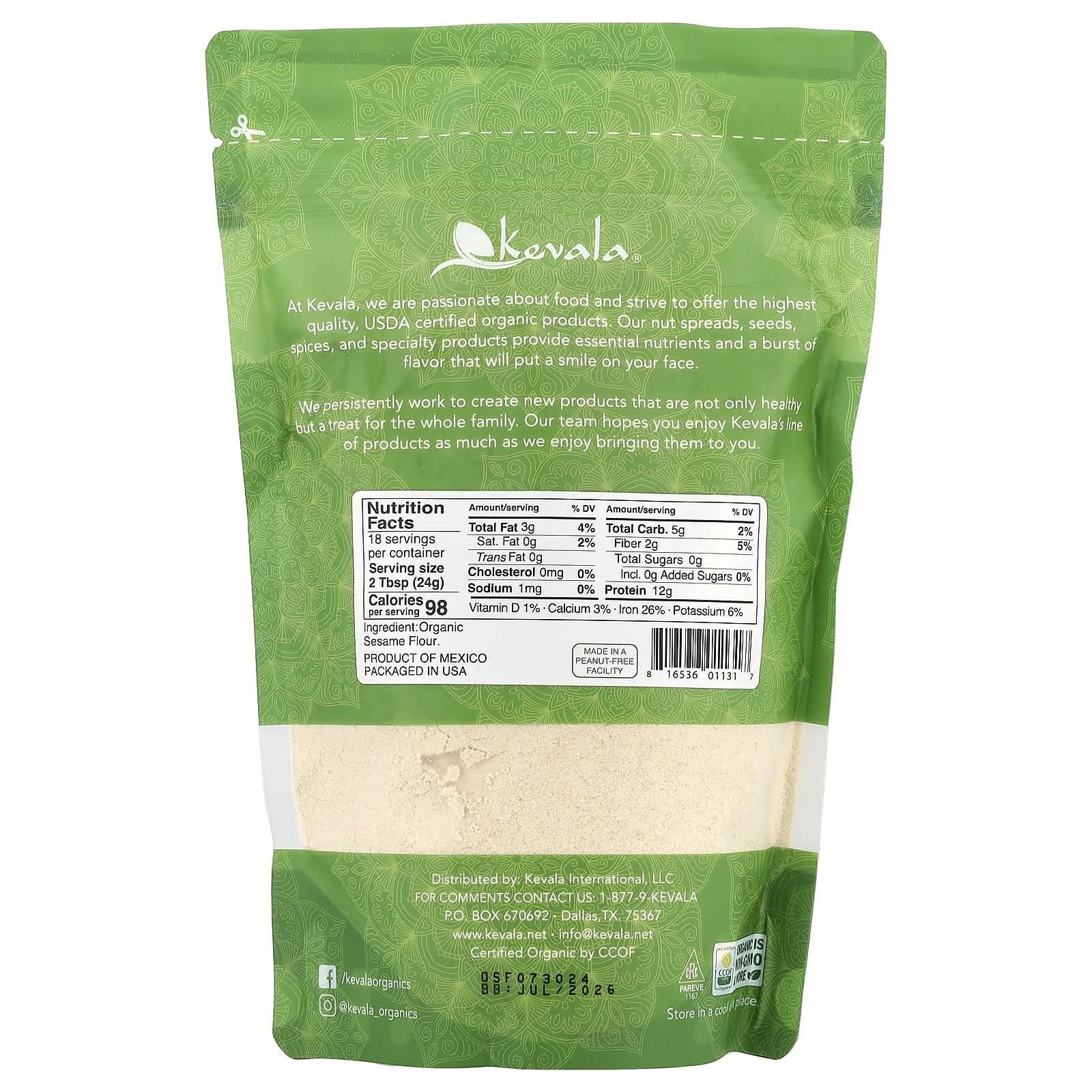 Kevala, Organic Sesame Flour, 16 oz (454 g) - Image 2