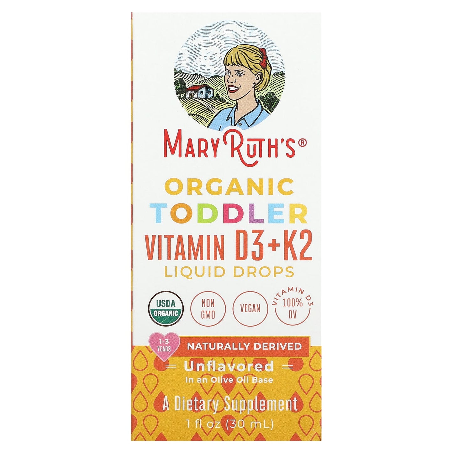 MaryRuth's, Organic Toddler Vitamin D3 + K2 Liquid Drops, 1-3 Years, Unflavored, 1 fl oz (30 ml) - Image 1