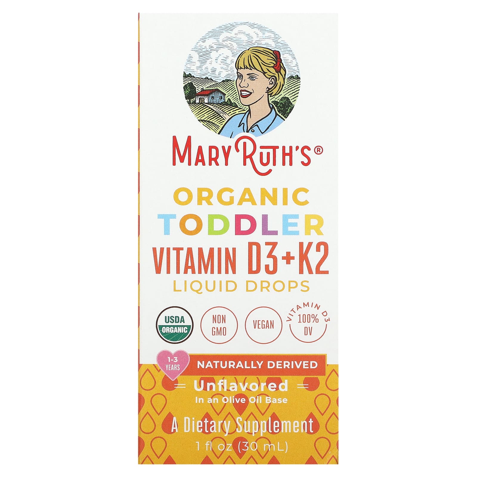 MaryRuth's, Organic Toddler Vitamin D3 + K2 Liquid Drops, 1-3 Years, Unflavored, 1 fl oz (30 ml) - Image 1