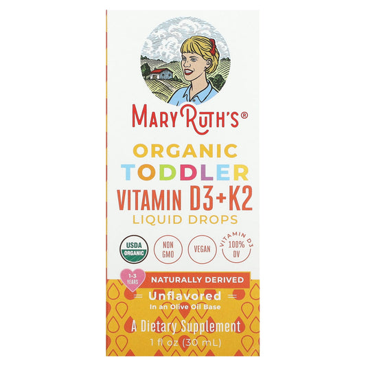 MaryRuth's, Organic Toddler Vitamin D3 + K2 Liquid Drops, 1-3 Years, Unflavored, 1 fl oz (30 ml) - Image 1