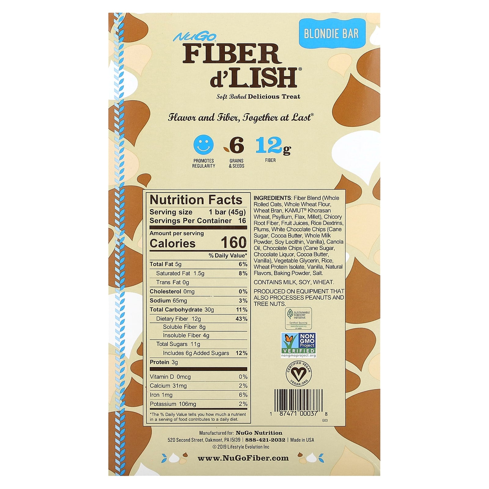 NuGo Nutrition, Fiber d' Lish, Blondie Bar, 16 Bars, 1.6 oz (45 g) Each - Image 2