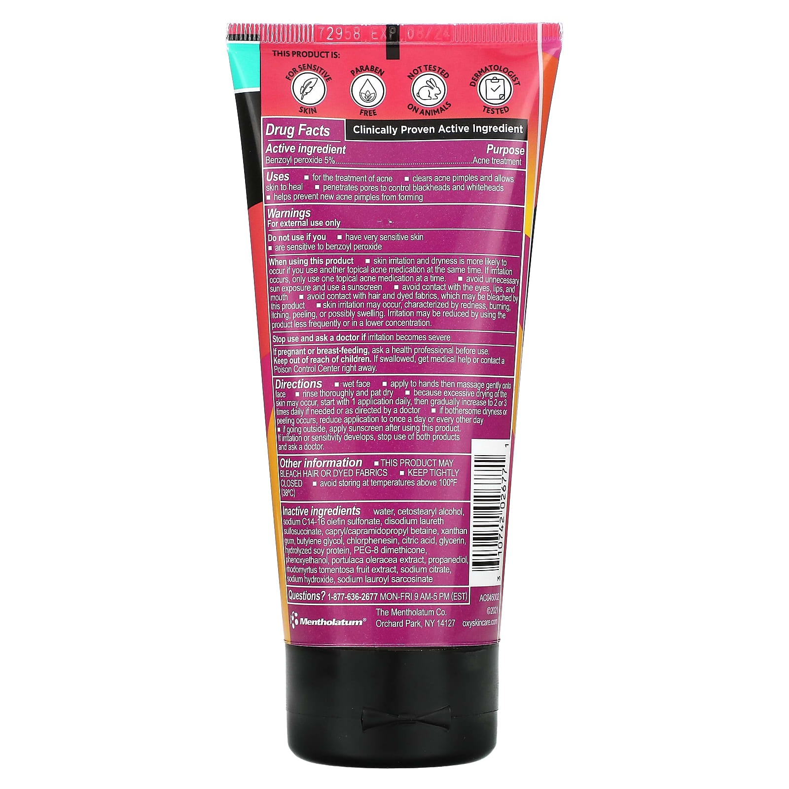 Oxy Skin Care, Sensitive Skin Acne Cleanser with Prebiotics, Fragrance Free, 5 fl oz (148 ml) - Image 2