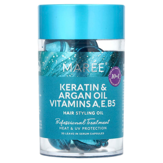 Maree, Hair Styling Oil, Kertin & Argan Oil Vitamins A, E, B5, For All Hair Types, Floral, 30 Leave-In Serum Capsules - Image 1