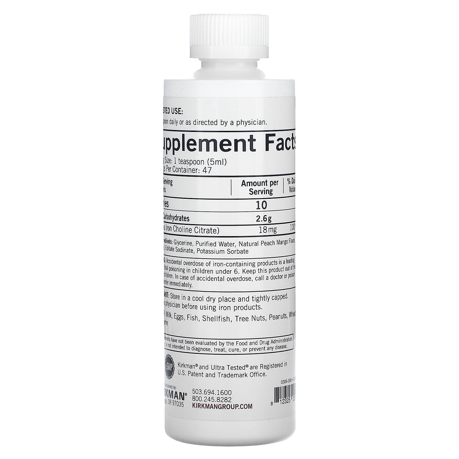 Kirkman Labs, Iron Liquid, Natural Peach Mango, 8 fl oz (237 ml) - Image 2