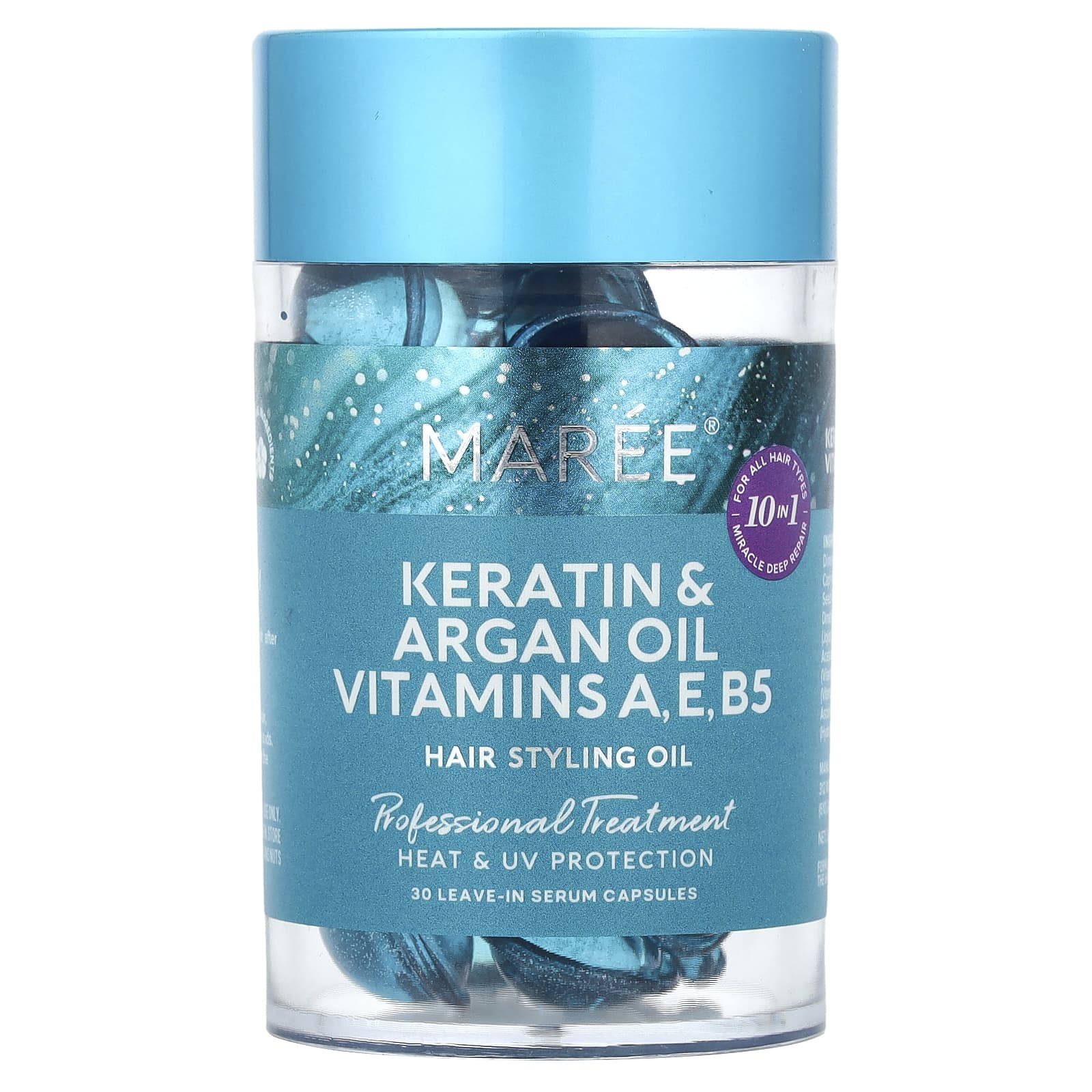 Maree, Hair Styling Oil, Kertin & Argan Oil Vitamins A, E, B5, For All Hair Types, Floral, 30 Leave-In Serum Capsules - Image 1