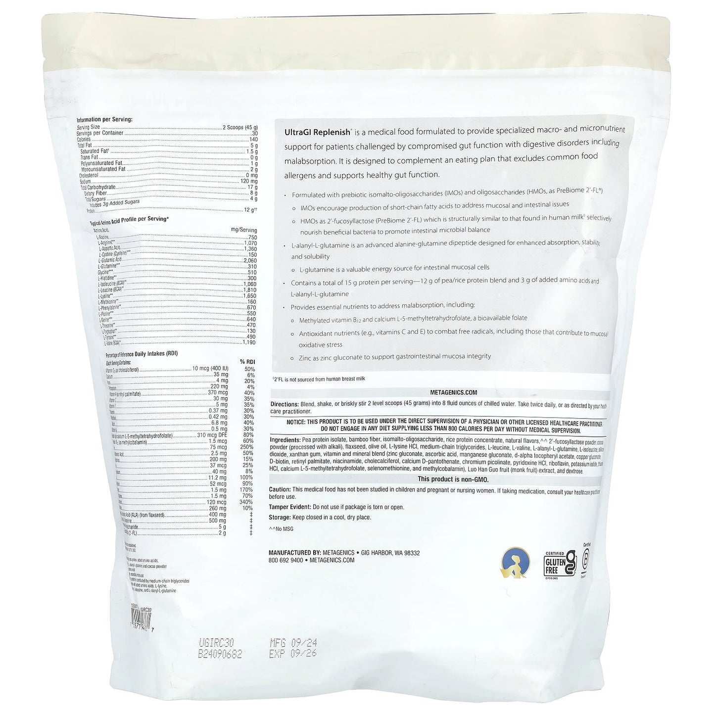 Metagenics, UltraGI Replenish®, Chocolate, 47.62 oz (1,350 g) - Image 2