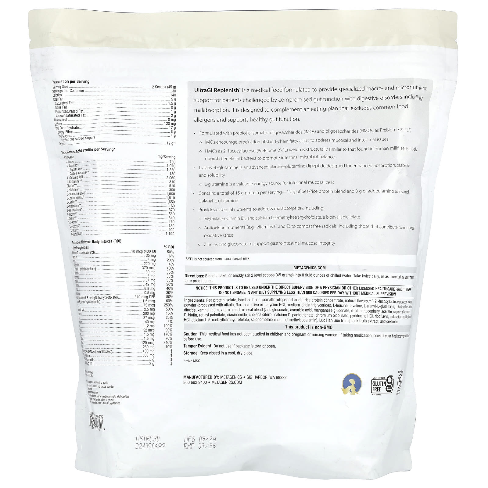 Metagenics, UltraGI Replenish®, Chocolate, 47.62 oz (1,350 g) - Image 2