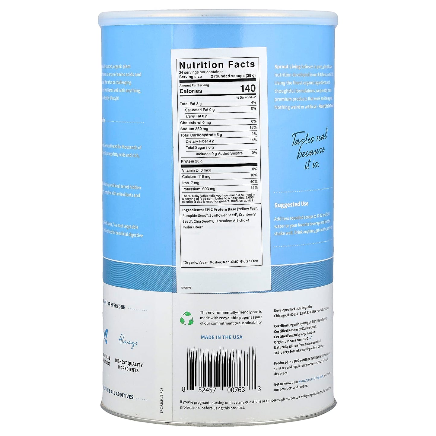 Sprout Living, Epic Protein®, Organic Plant Protein + Superfoods, Original, 2 lb (912 g) - Image 2
