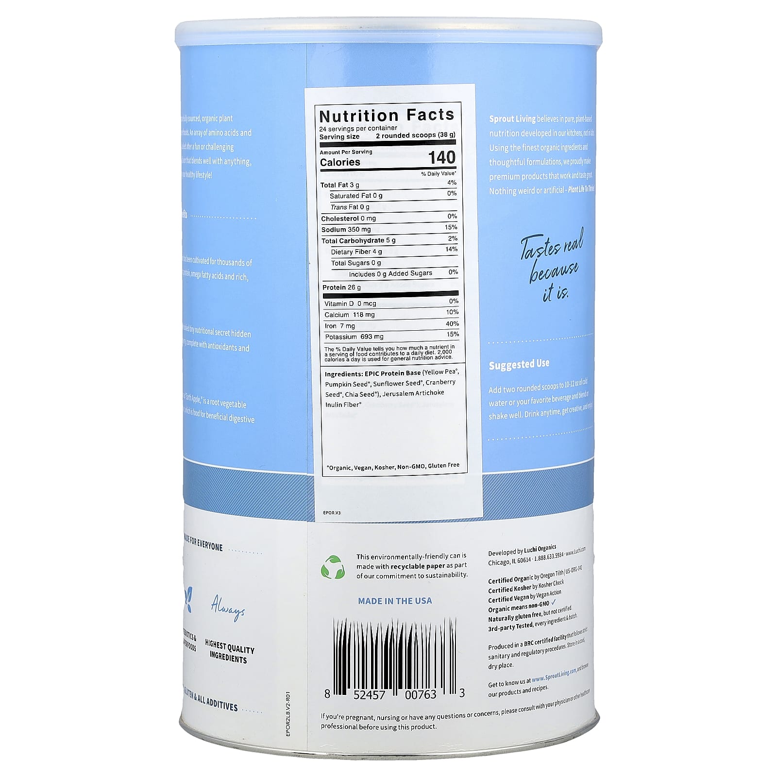 Sprout Living, Epic Protein®, Organic Plant Protein + Superfoods, Original, 2 lb (912 g) - Image 2