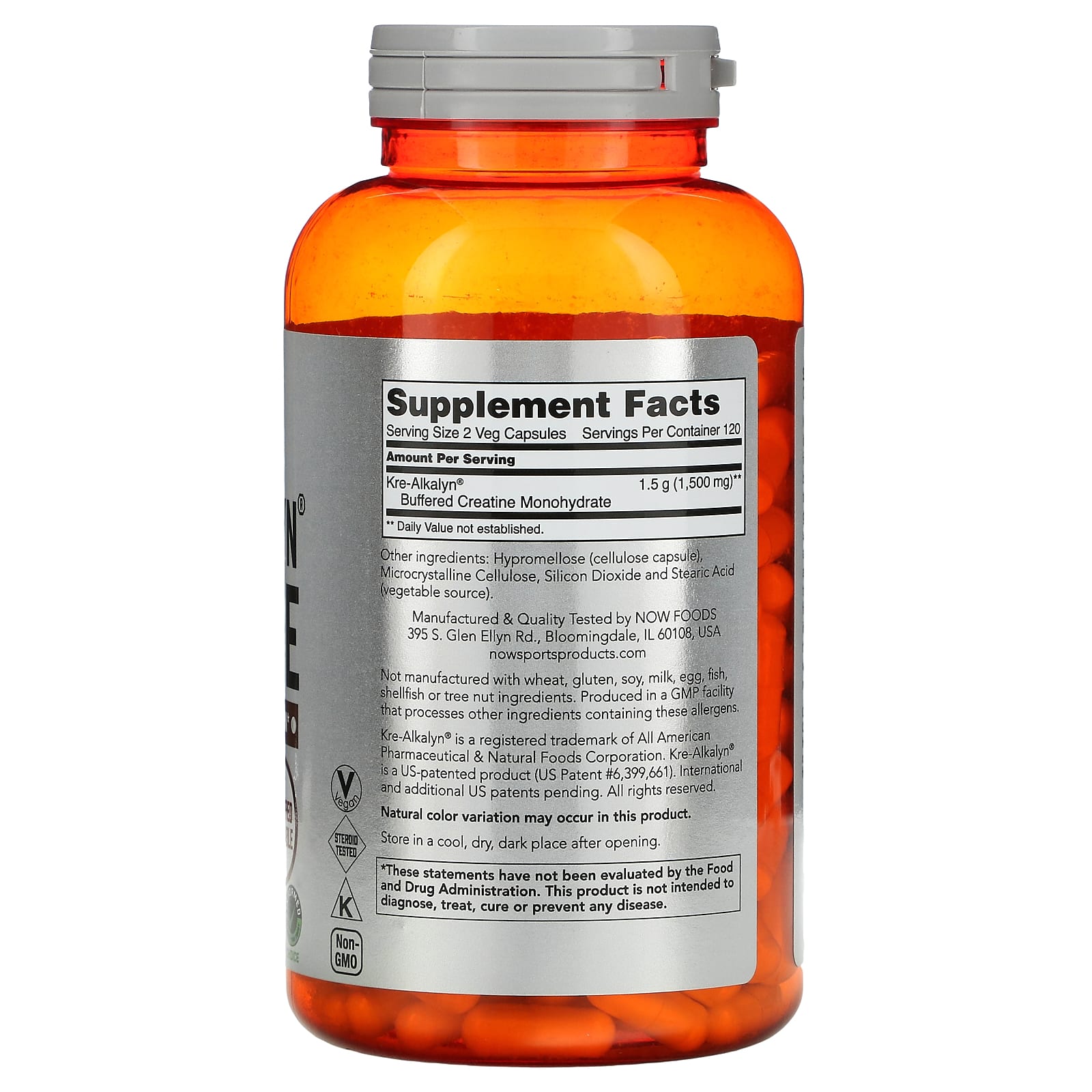 NOW Foods, Sports, Kre-Alkalyn Creatine, 750 mg, 240 Veg Capsules - Image 2