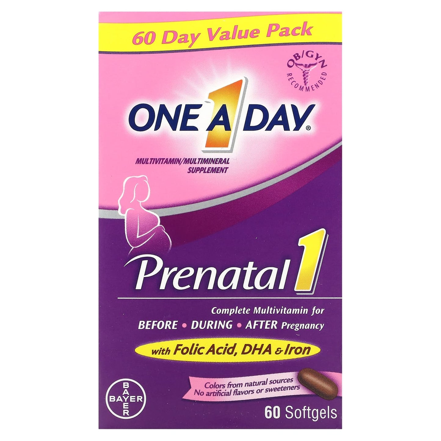 One-A-Day, Prenatal 1 with Folic Acid, DHA & Iron, 60 Softgels - Image 1