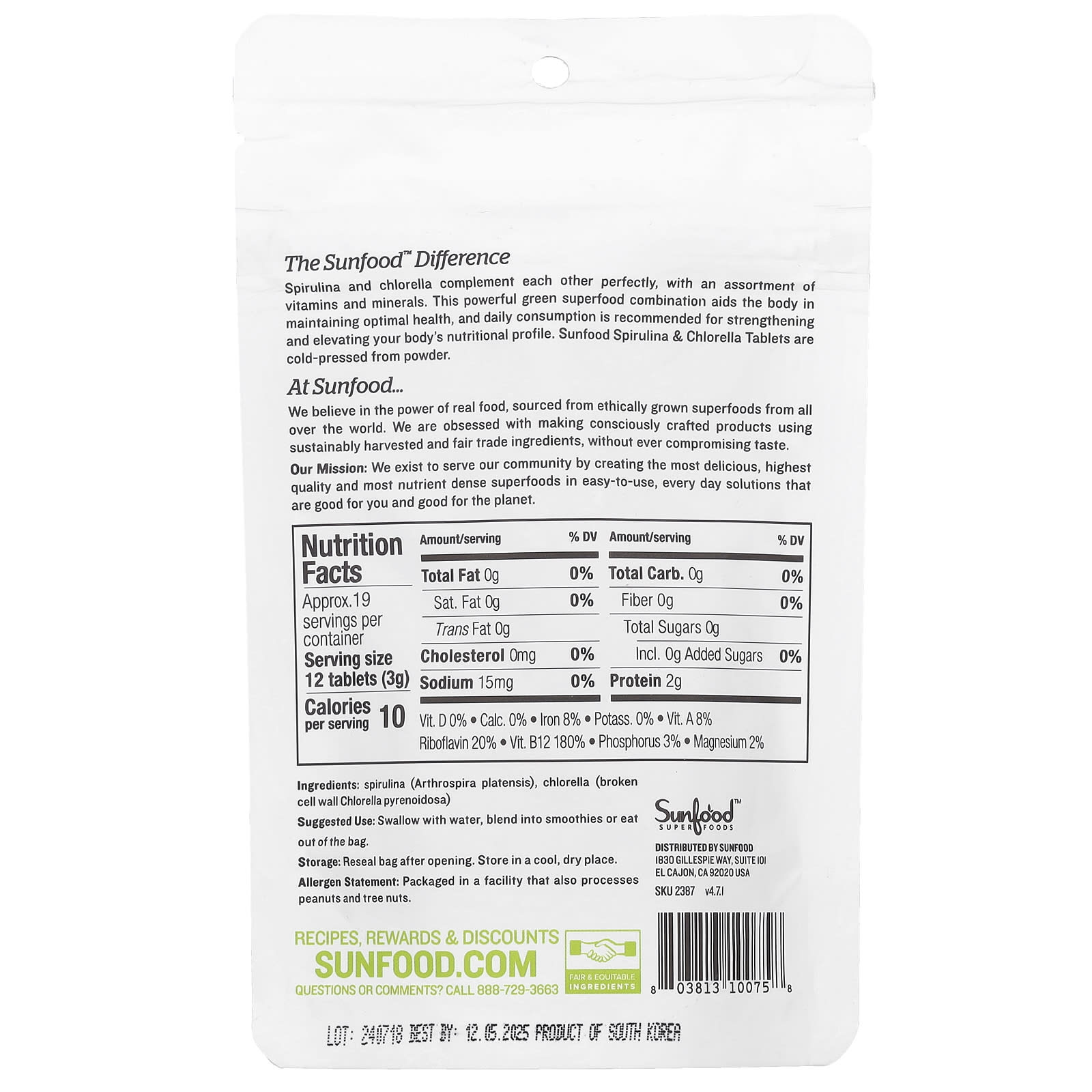 Sunfood, Super Algae Tablets, Spirulina & Chlorella, 250 mg, Approx. 228 Tablets, 2 oz (57 g) - Image 2