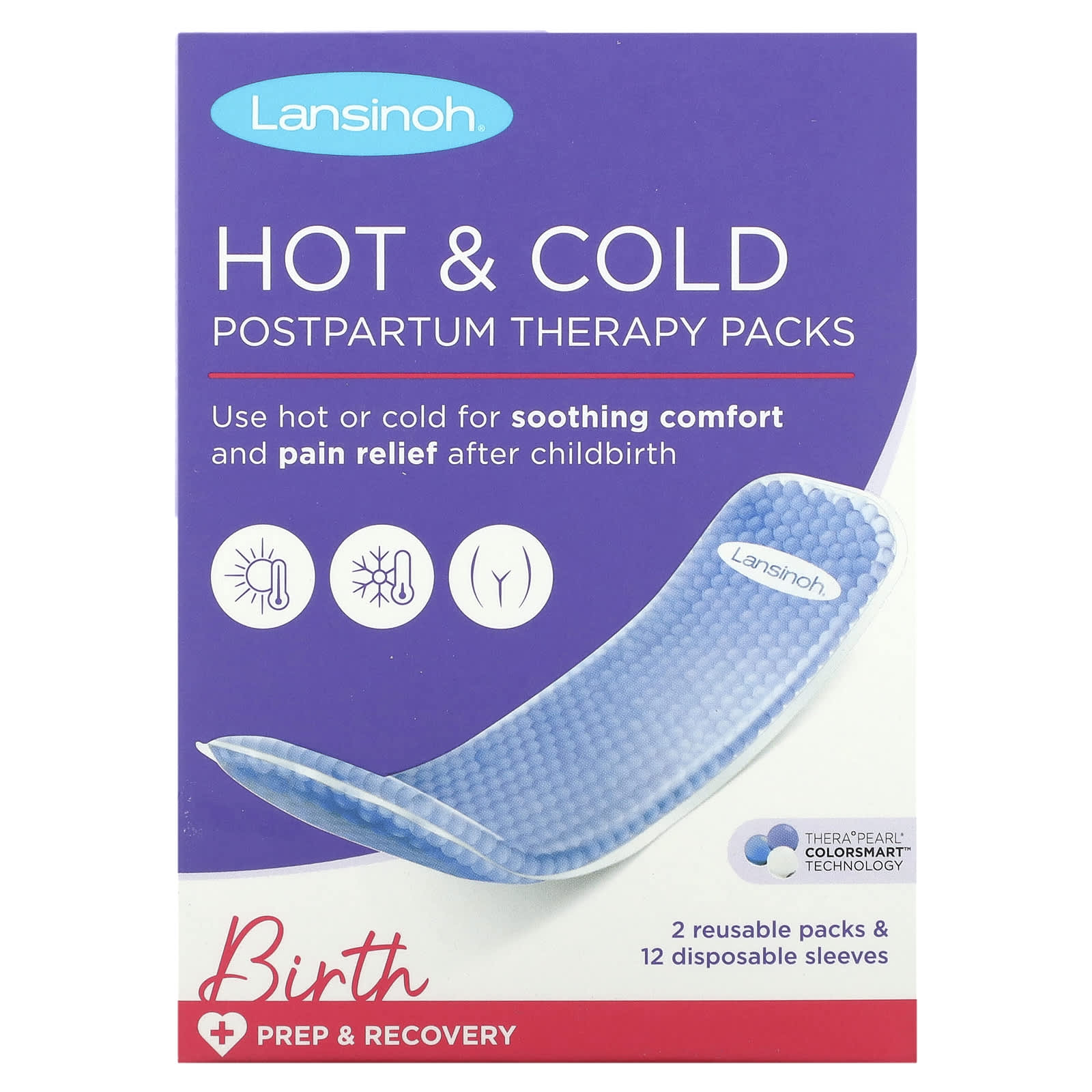 Lansinoh, Hot & Cold Postpartum Therapy Packs, 2 Reusable Packs & 12 Disposable Sleeves - Image 1