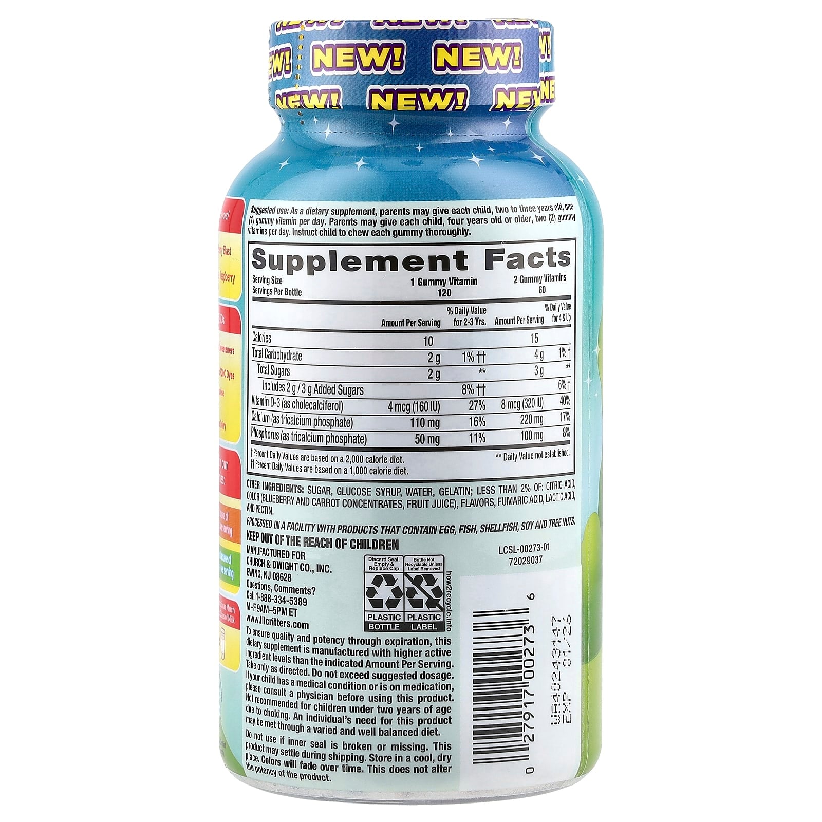 L'il Critters, Mythical Creatures, Bone Support Calcium + D3 Gummies, Bumbleberry Blast, Sour Blue Raspberry, 120 Gummies
