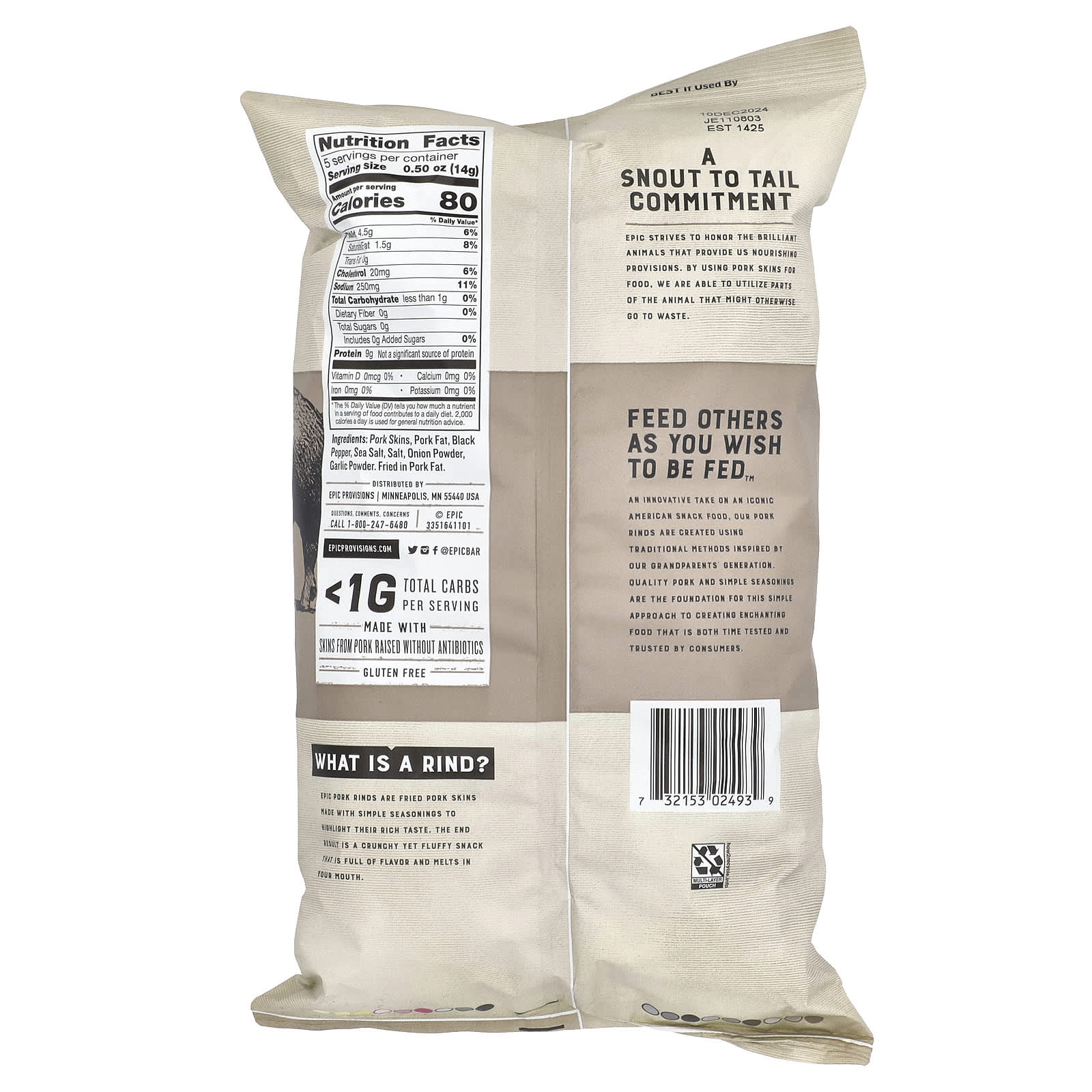 Crunchy Pork Rinds by Epic Bar, Sea Salt & Pepper, 2.5 oz (70g) - Image 2