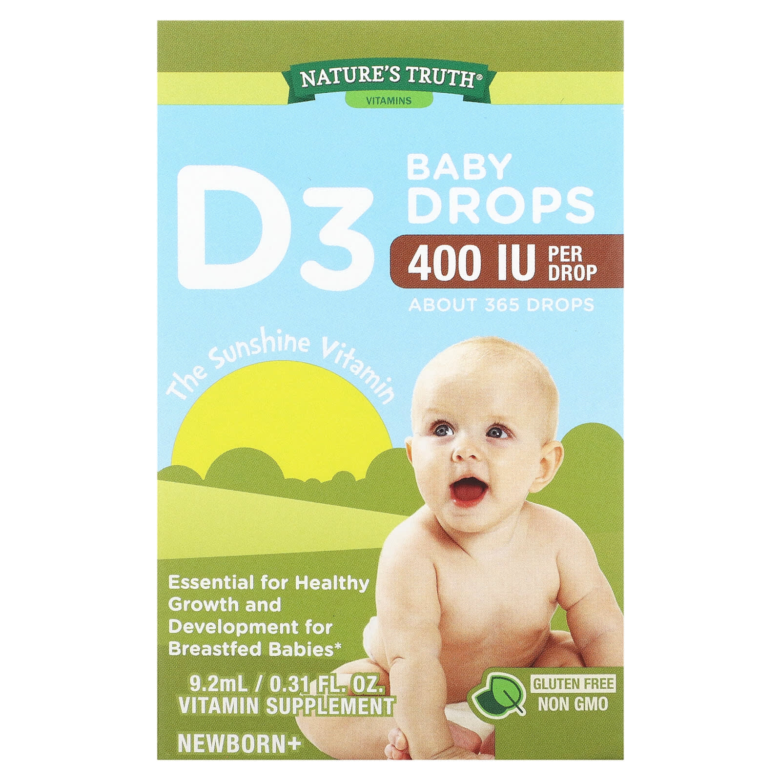 Nature's Truth, Vitamins, D3 Baby Drops, Newborn+, 10 mcg (400 IU), 0.31 fl oz (9.2 ml) - Image 1