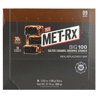 MET-Rx Big 100 Meal Replacement Bar, 9 Bars, Salted Caramel Brownie Crunch