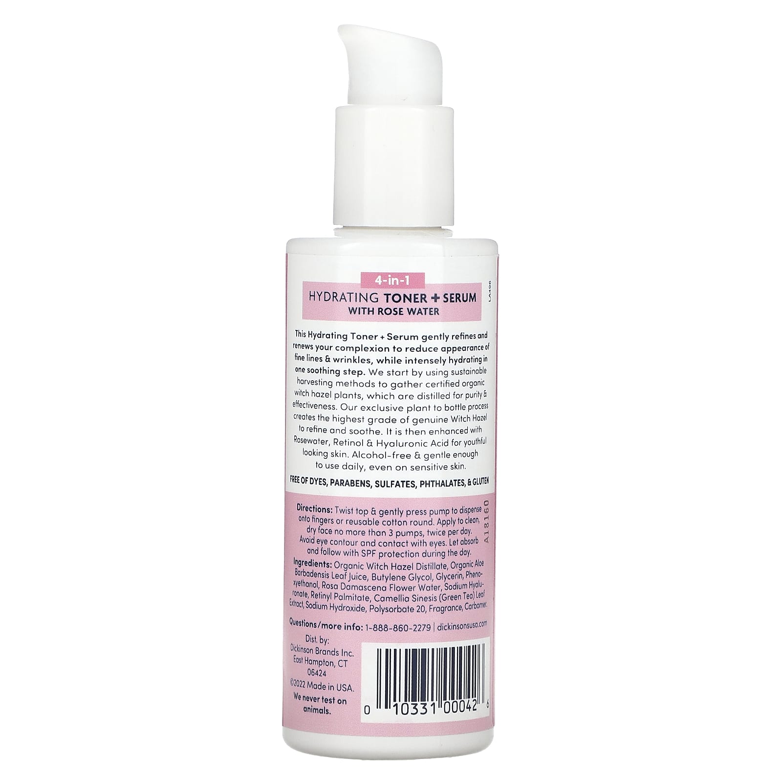 Dickinson Brands, Original Witch Hazel, 4-in-1 Hydrating Toner + Serum with Rose Water, Alcohol Free, 4 fl oz (118 ml) - Image 2