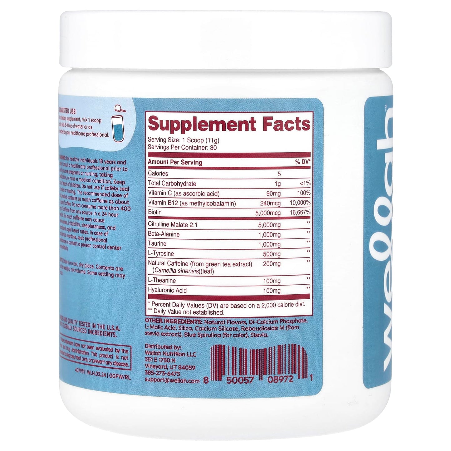 Wellah, Get-Going Pre-Workout, Blue Raspberry, 11.5 oz (321 g) - Image 2