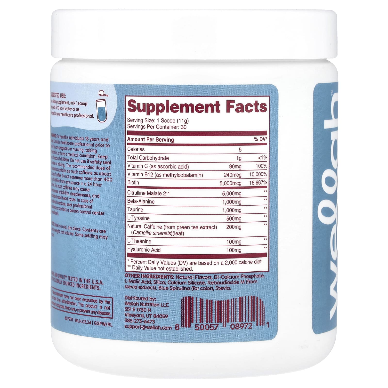 Wellah, Get-Going Pre-Workout, Blue Raspberry, 11.5 oz (321 g) - Image 2