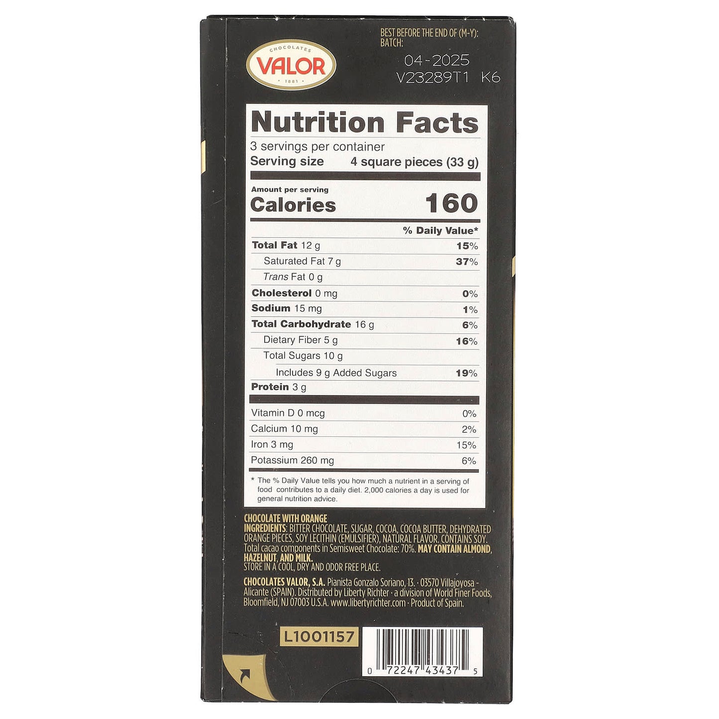 Valor, Dark Chocolate with Orange, 70% Cocoa, 3.5 oz (100 g) - Image 2