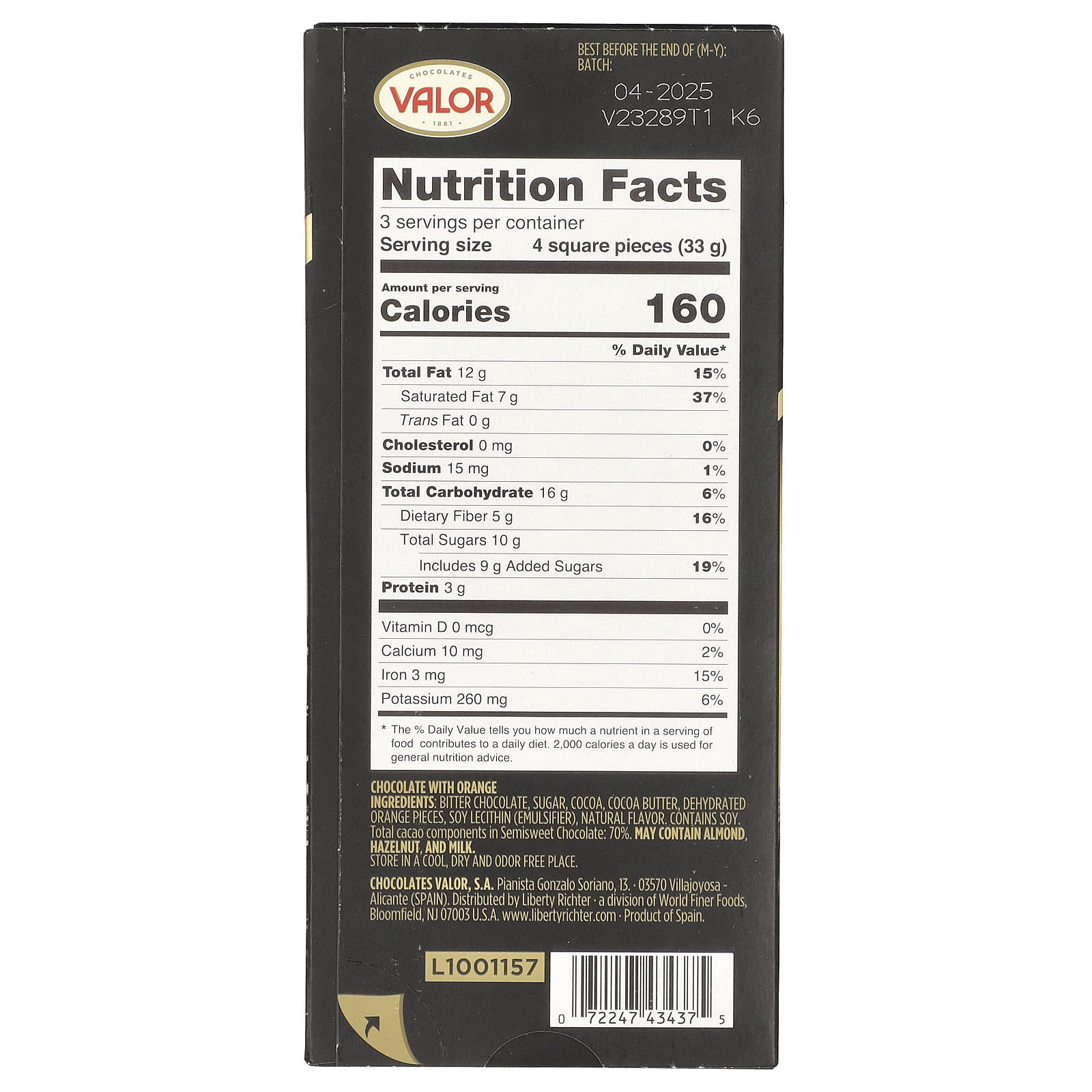 Valor, Dark Chocolate with Orange, 70% Cocoa, 3.5 oz (100 g) - Image 2