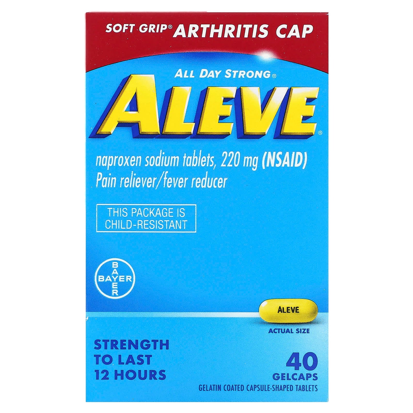 Aleve 220mg Pain Relief Tablets, 40 Gelcaps, Long Lasting Relief - Image 1