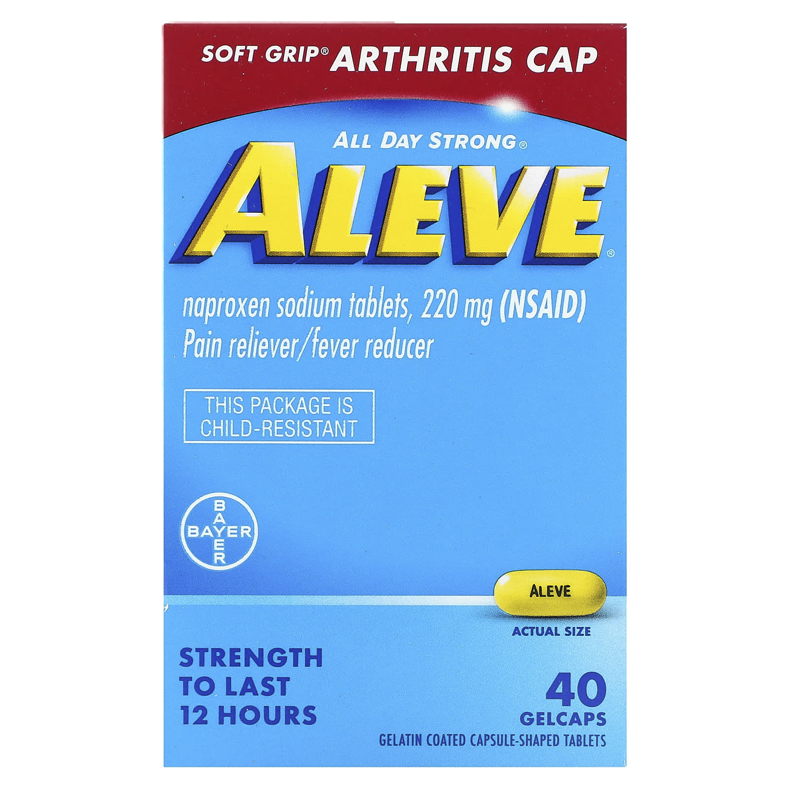 Aleve 220mg Pain Relief Tablets, 40 Gelcaps, Long Lasting Relief - Image 1