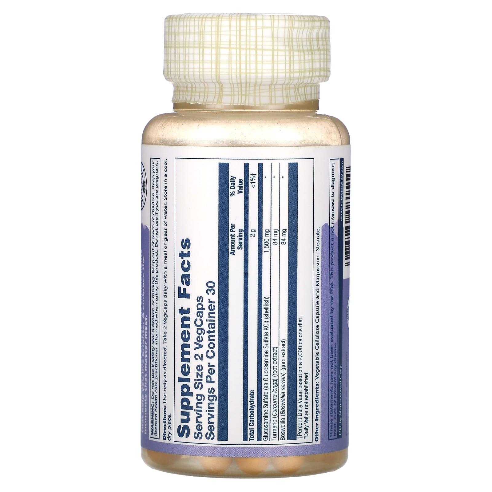 Solaray, Glucosamine Sulfate, with Turmeric & Boswellia, 1,500 mg, 60 Vegcaps (750 mg per Capsule) - Image 2