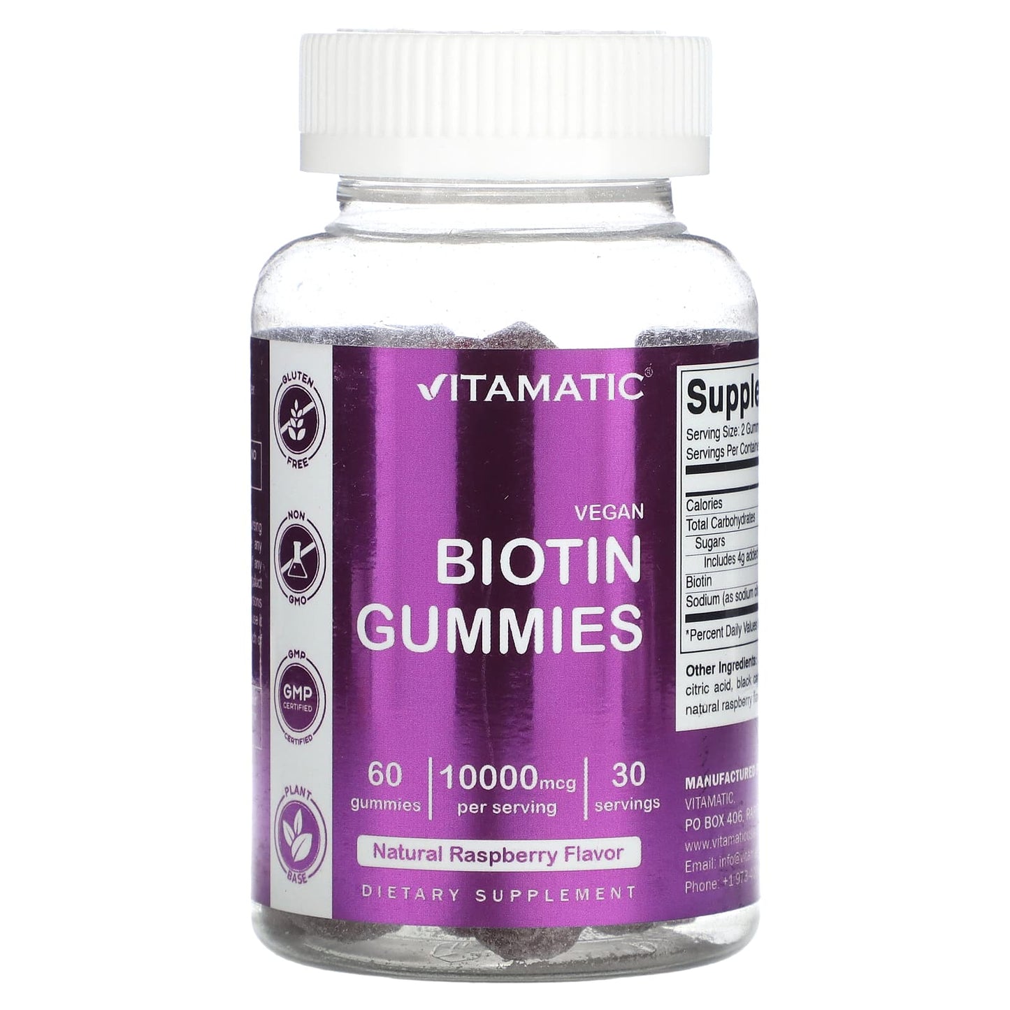 Vitamatic, Vegan Biotin Gummies, Natural Raspberry, 60 Gummies (5,000 mcg per Gummy) - Image 1