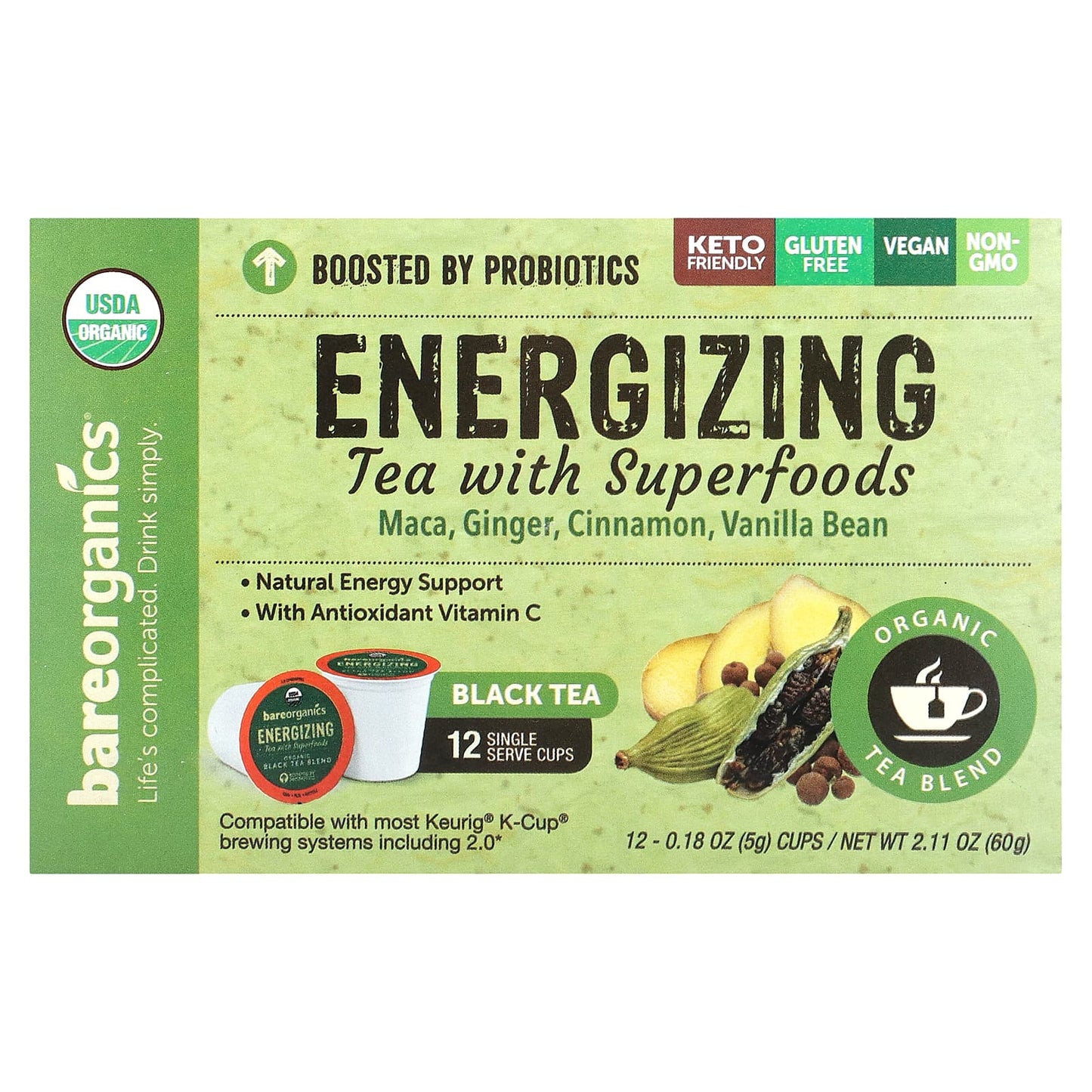BareOrganics USDA Organic Energizing Tea with Superfoods, Keto and Vegan Friendly - Image 1
