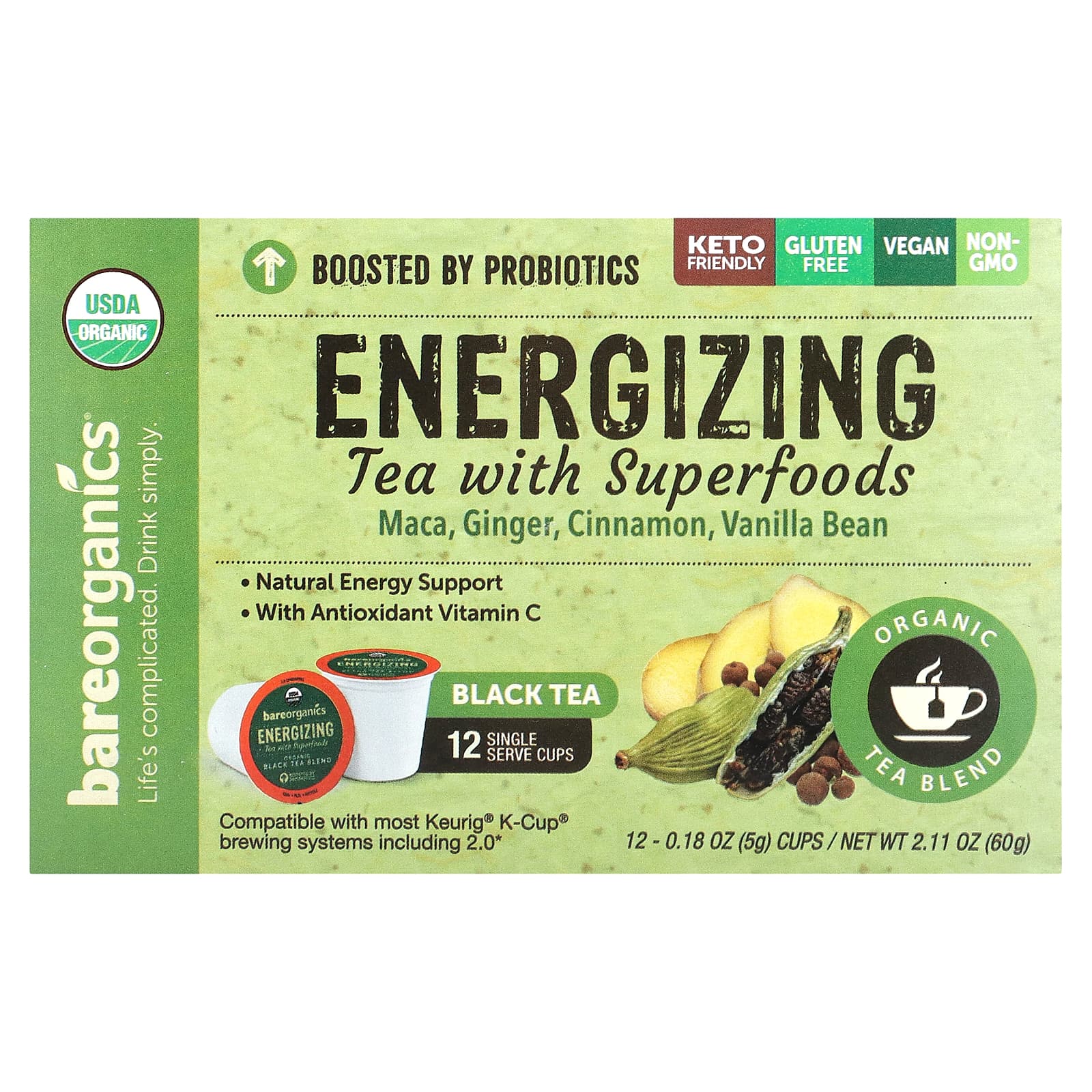 BareOrganics USDA Organic Energizing Tea with Superfoods, Keto and Vegan Friendly - Image 1