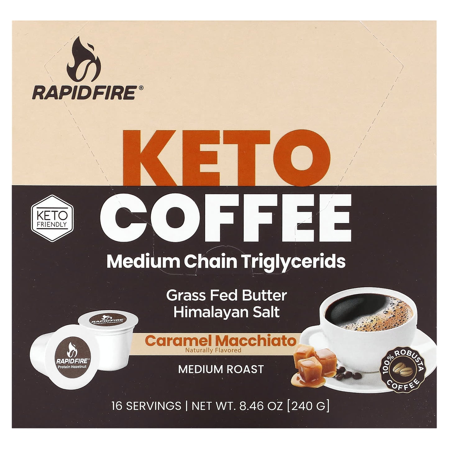 RAPIDFIRE, Keto Coffee Pod, Caramel Macchiato, Medium Roast, 16 Pods, 8.46 oz (240 g) - Image 1