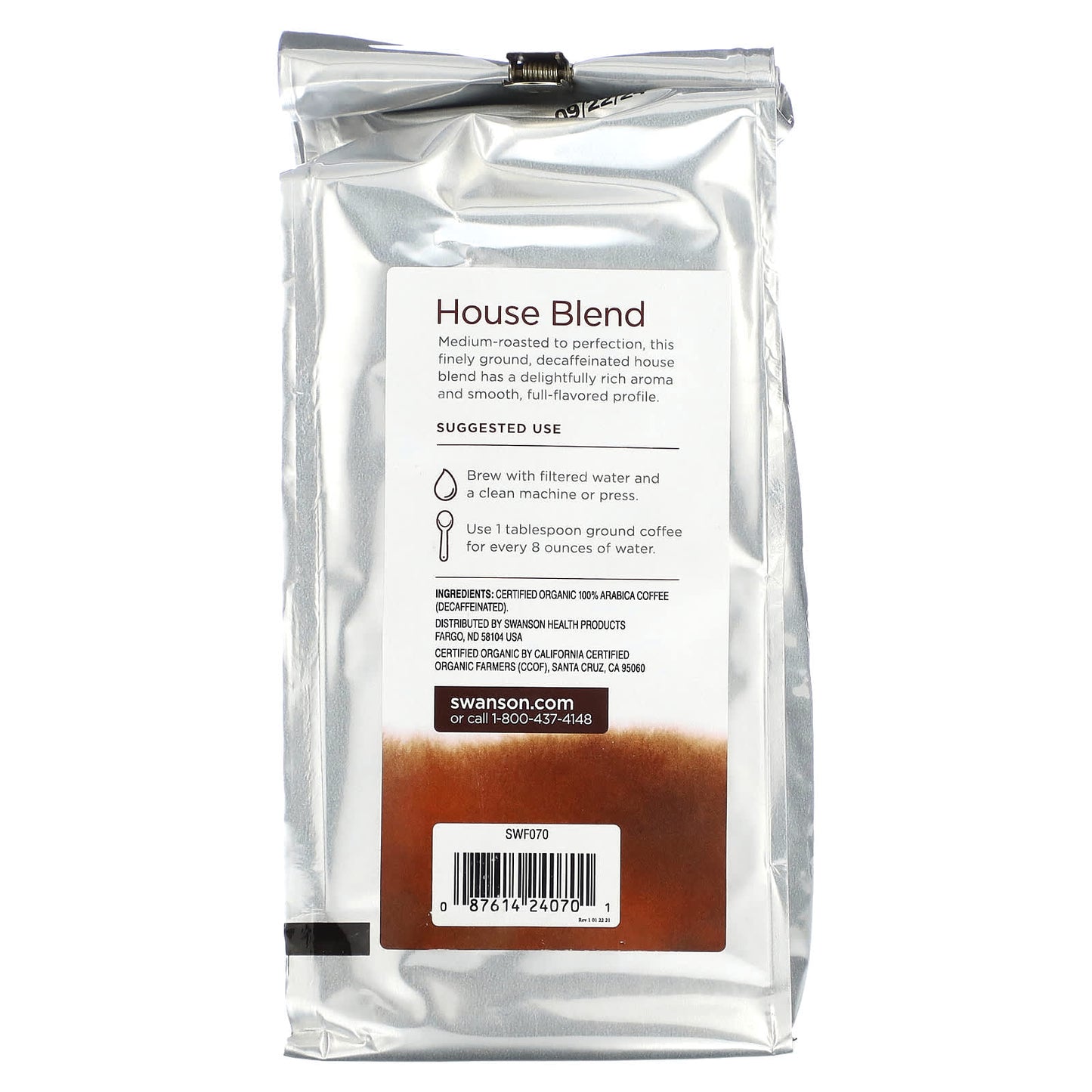 Swanson, Organic House Blend Coffee, Ground, Medium Roast, Decaf, 1 lb (454 g) - Image 2