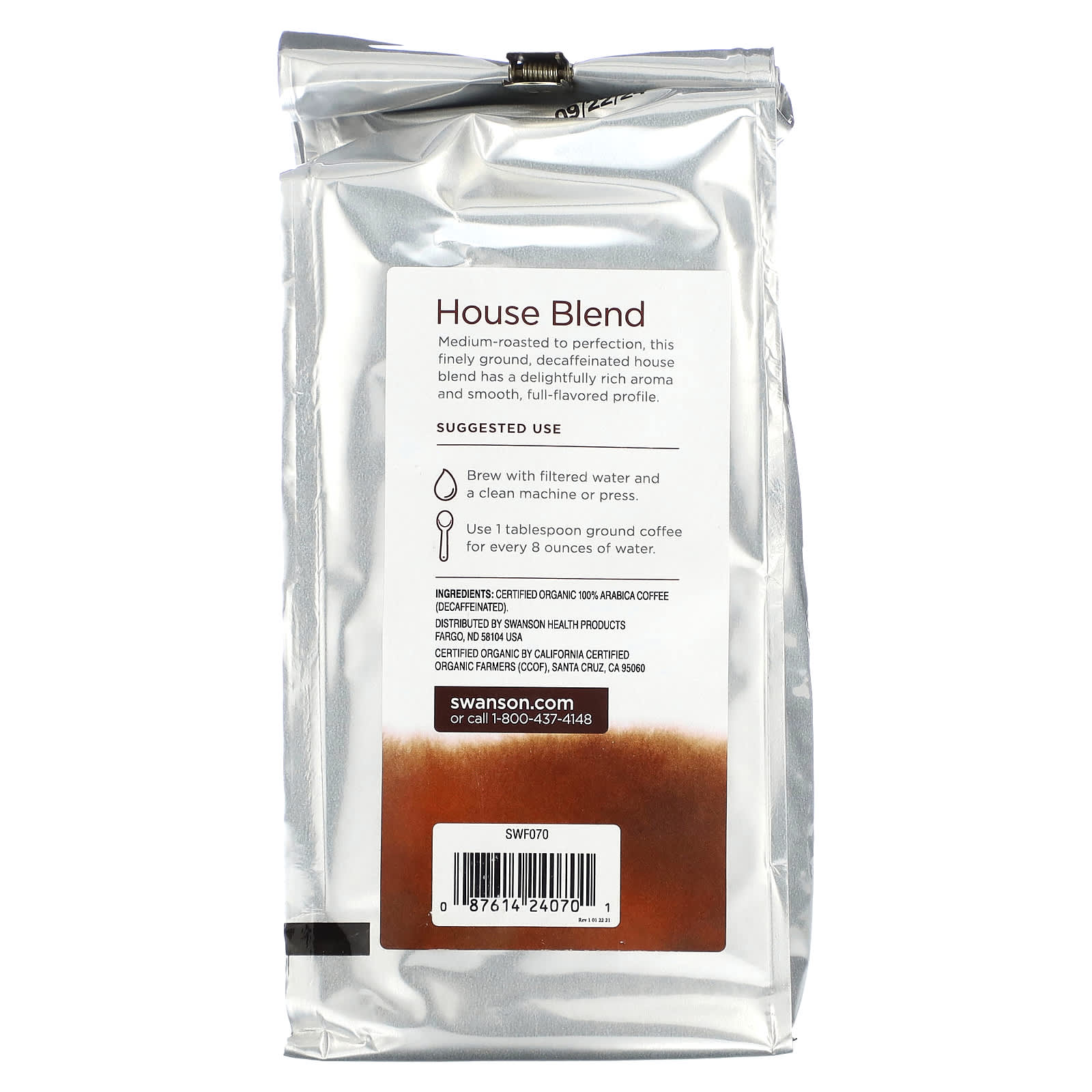 Swanson, Organic House Blend Coffee, Ground, Medium Roast, Decaf, 1 lb (454 g) - Image 2