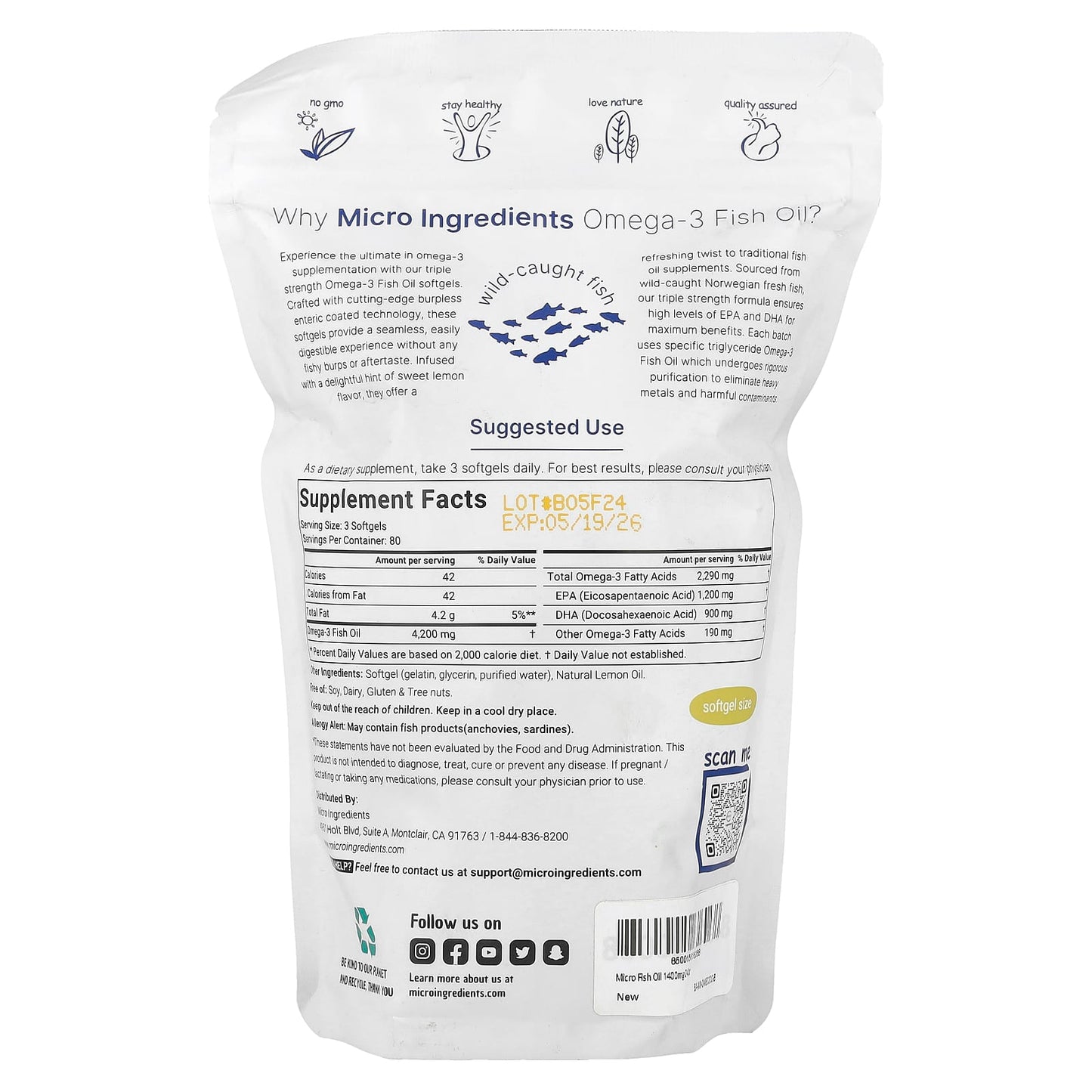 Micro Ingredients, Triple Strength Omega-3 Fish Oil, Lemon, 240 Softgels (1,400 mg per Softgel) - Image 2
