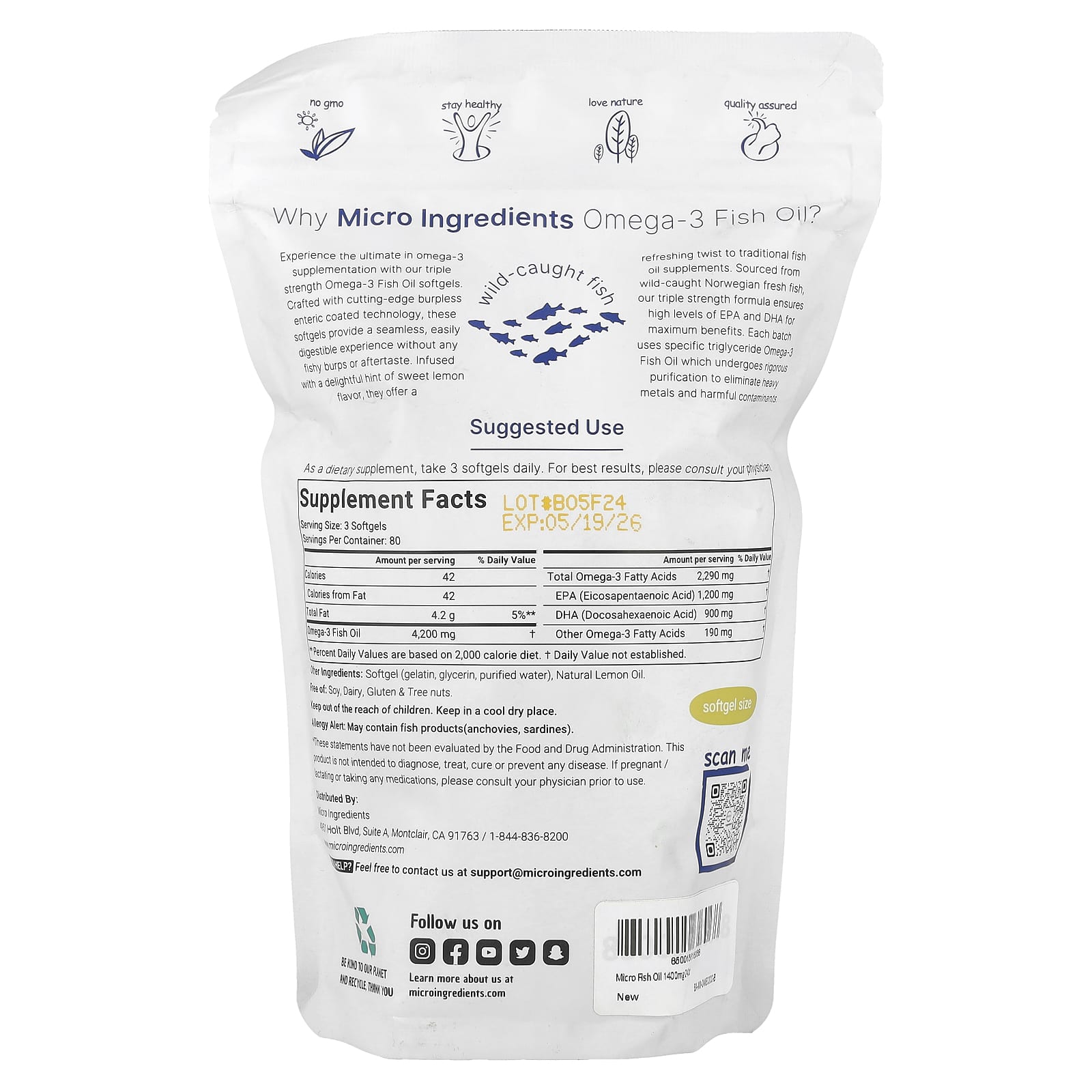 Micro Ingredients, Triple Strength Omega-3 Fish Oil, Lemon, 240 Softgels (1,400 mg per Softgel) - Image 2