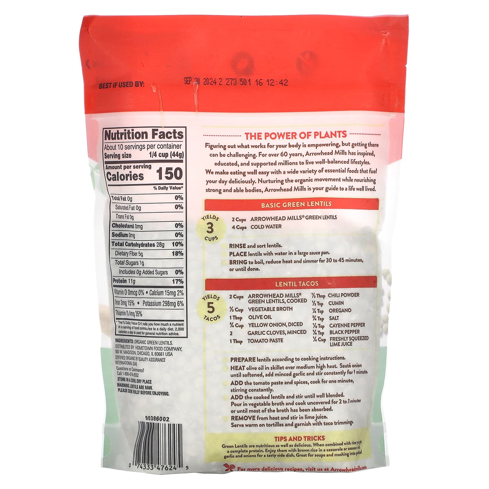 Organic Green Lentils by Arrowhead Mills, 16 oz, Gluten Free, High in Fiber - Image 2