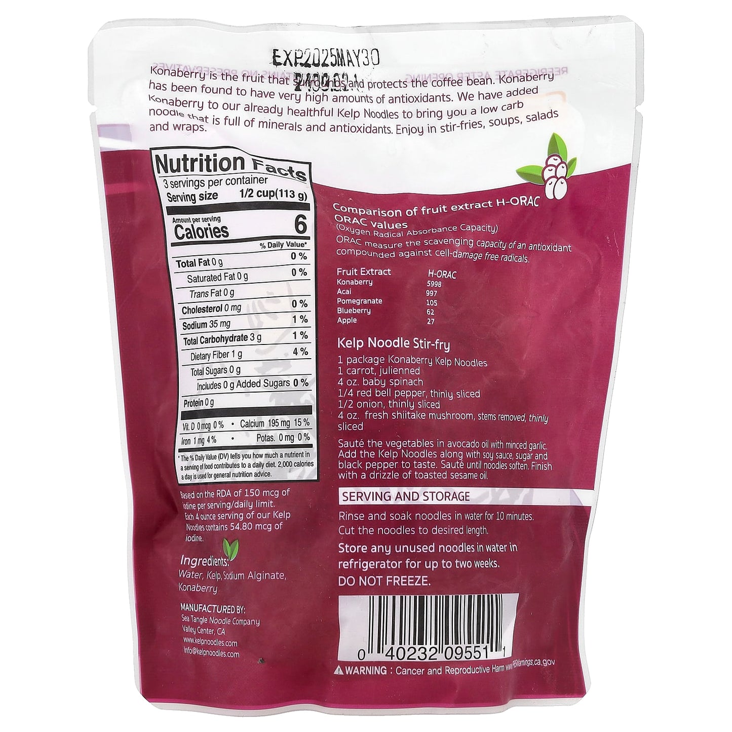 Sea Tangle Noodle Company, Kelp Noodles With Konaberry, 12 oz (340 g) - Image 2